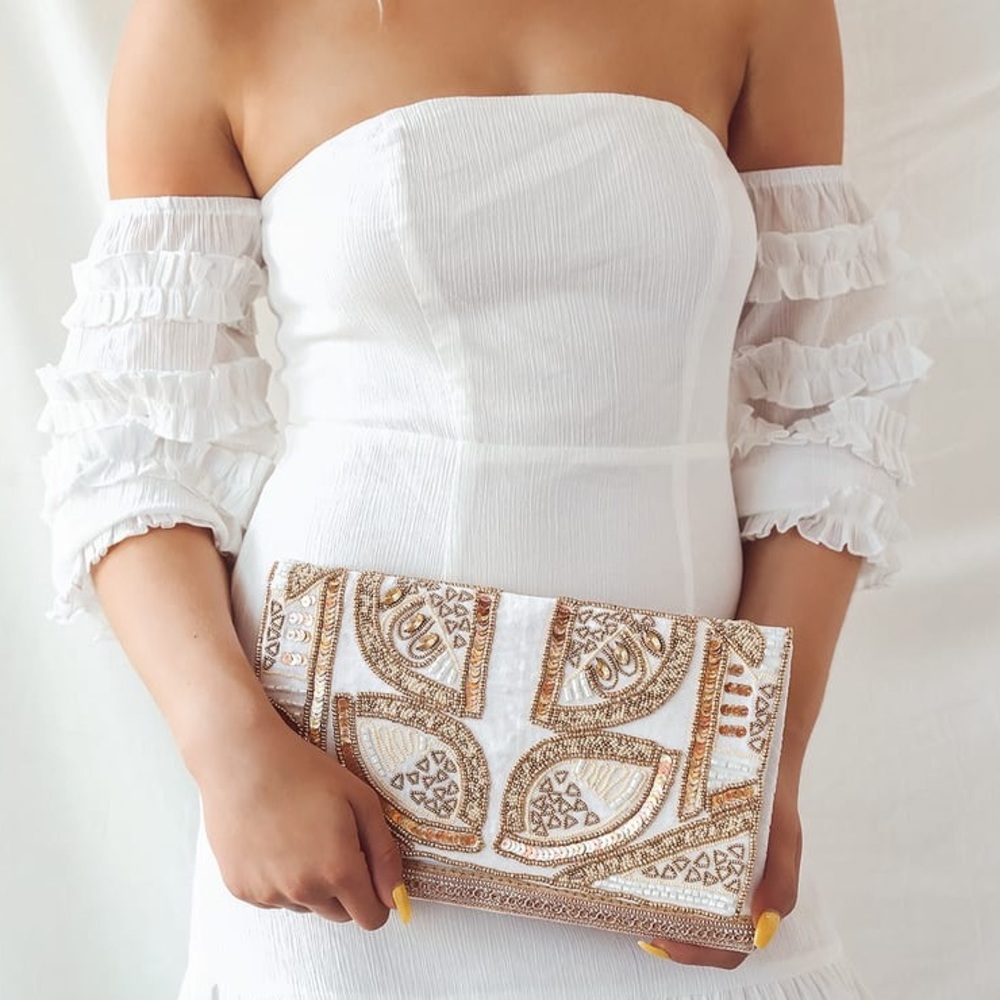 Lulu’s Bead the Best Ivory Velvet Beaded Clutch